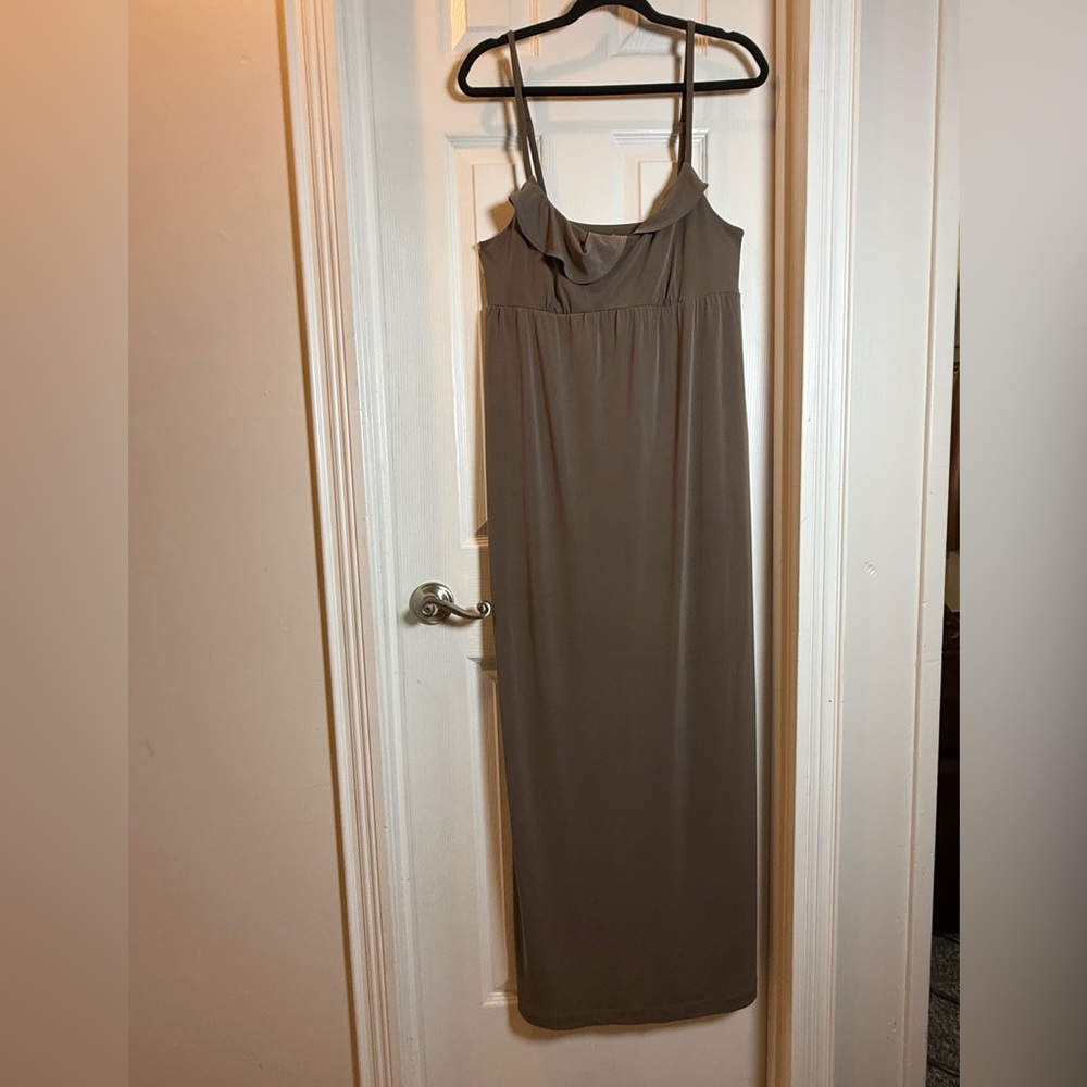 Tommy Bahama Spaghetti Strap Taupe Maxi Dress Empire Waist asymmetrical Ruffle
